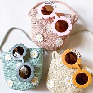 Lot de 3, sac à main pour tout-petit/enfant avec lunettes de soleil personnalisées, cadeau pour tout-petit, articles de fête pour enfants, ensemble cadeau, thème floral, marguerite, rétro