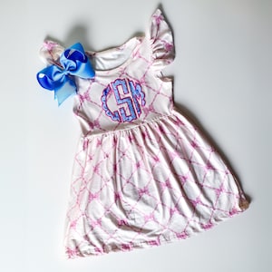 Girls Monogrammed Bow Themed Dress, Scalloped Name Monogram, Comes With Bow, Pink, Birthday Dress, Spring and Summer
