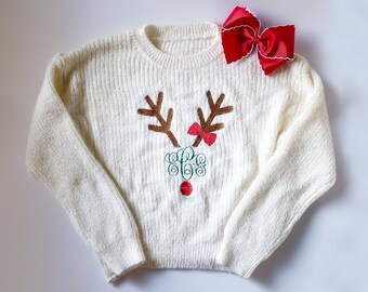 Girls' Monogrammed Reindeer Christmas Sweater with Bow