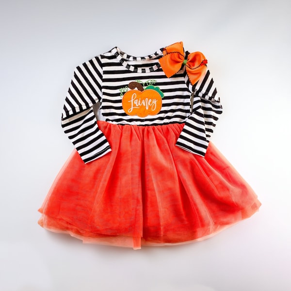 Girl's Monogrammed Fall Pumpkin Dress and Matching Bow, Embroidered, School Outfit, Pumpkin Patch, Halloween