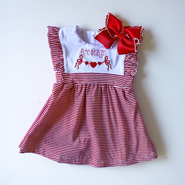 Girl's Monogrammed Valentine's Day Heart Dress and Matching Bow, Embroidered, Special Occassion, Picture Day, Classroom Party