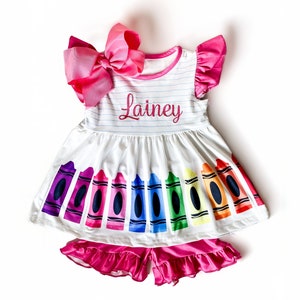 Girl&#39;s Back to School Monogrammed Crayon 2 Piece Outfit, Personalized 2 piece outfit with Shorts and Matching Bow