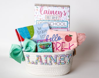 Girls Back to School Basket, Monogrammed, Customized, First Day of School Shirt, Bow, Board, Book, and Crayons