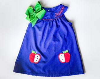 Monogrammed Apple Dress: Girls Back to School First Day Kindergarten Outfit