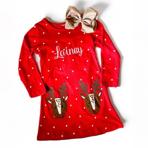 Vestido de reno navideño con monograma para niña, vestido de algodón con nombre, atuendo para fotos navideñas familiares, vestido de fiesta navideña