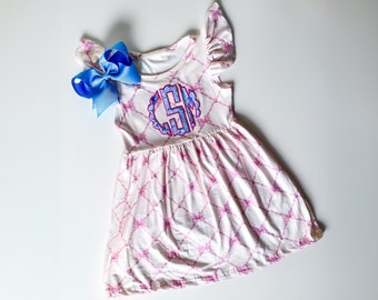 Girls Monogrammed Bow Themed Dress, Scalloped Name Monogram, Comes With Bow, Pink, Birthday Dress, Spring and Summer