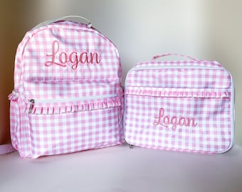 Girl&#39;s Monogrammed Gingham Backpack With Matching Lunch Box, Embroidered, Custom, Back to School, Fashion, Kids