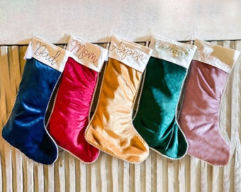 Velvet Pom Pom Edge Tassel Monogrammed Christmas Stockings, Customized Velvet Stockings With Names
