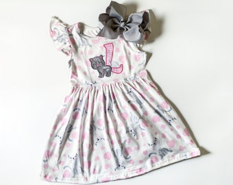 Girl's Monogrammed Cat Dress, Kitty Dress, Toddler, Cat Lover Dress, Party/Birthday With Matching Bow