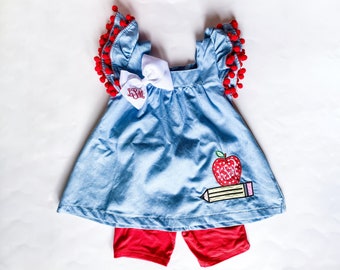 Girl's Back to School Monogrammed Pom Pom Dress/Tunic, With Matching Bow and Undershorts, Customized Embroidery