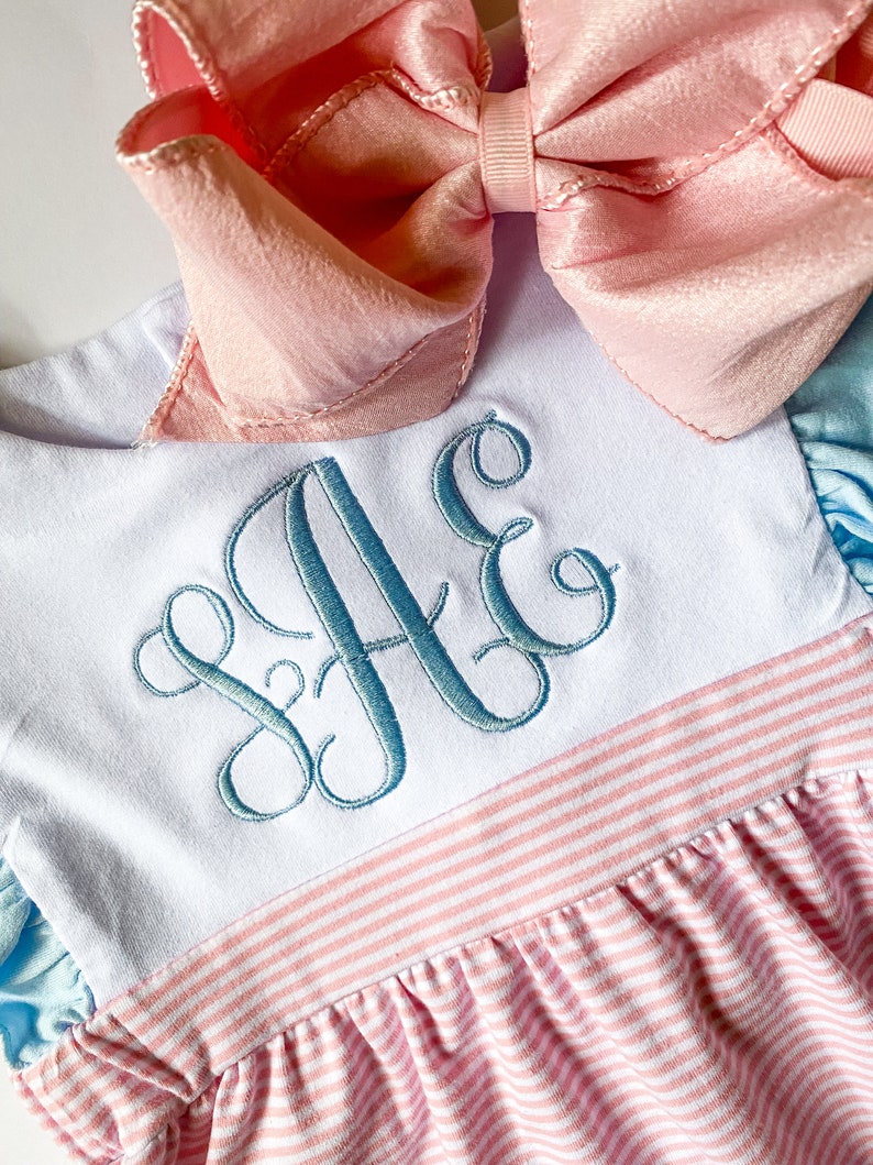 Girl's Name Dress with bow , Embroidered, Multi Color, Special Occassion, Classic Monogram, Gift, Picture Day Easter Outfit, Spring, Summer image 5