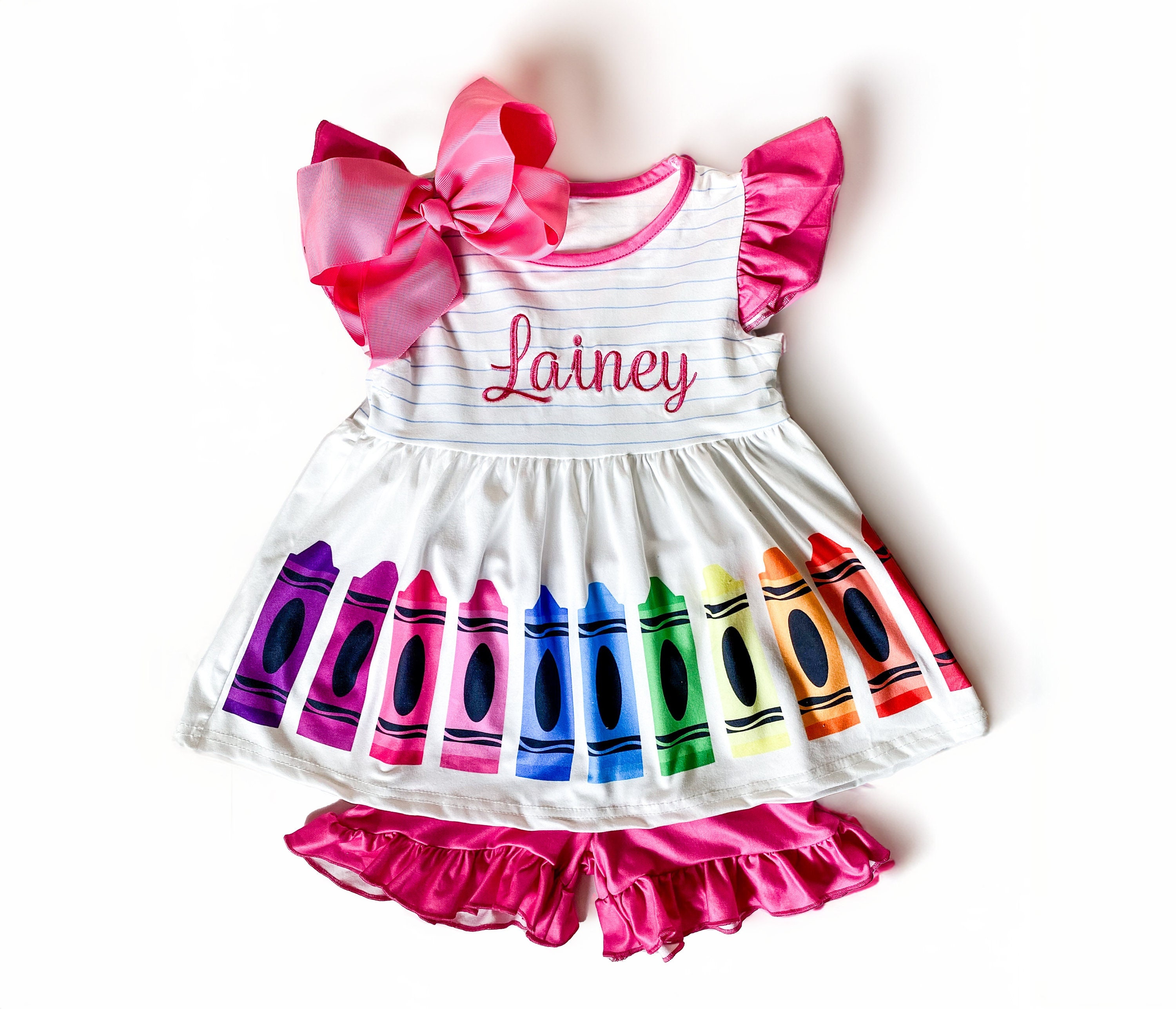 Girl's Back to School Monogrammed Crayon 2 Piece Outfit, Personalized 2 piece outfit with Shorts and Matching Bow