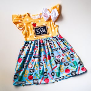 Girl&#39;s Monogrammed Back to School Dress and Matching Bow, Embroidered, First Day of School, School Outfit.