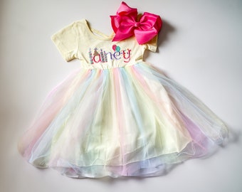 Girl's Personalized Pastel Rainbow Dress, monogrammed toddler dress, birthday dress, birthday outfit, gift, tutu, Colorful