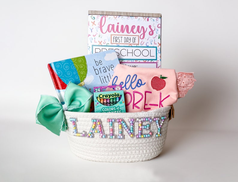Girls Back to School Basket, Monogrammed, Customized, First Day of School Shirt, Bow, Board, Book, and Crayons image 1
