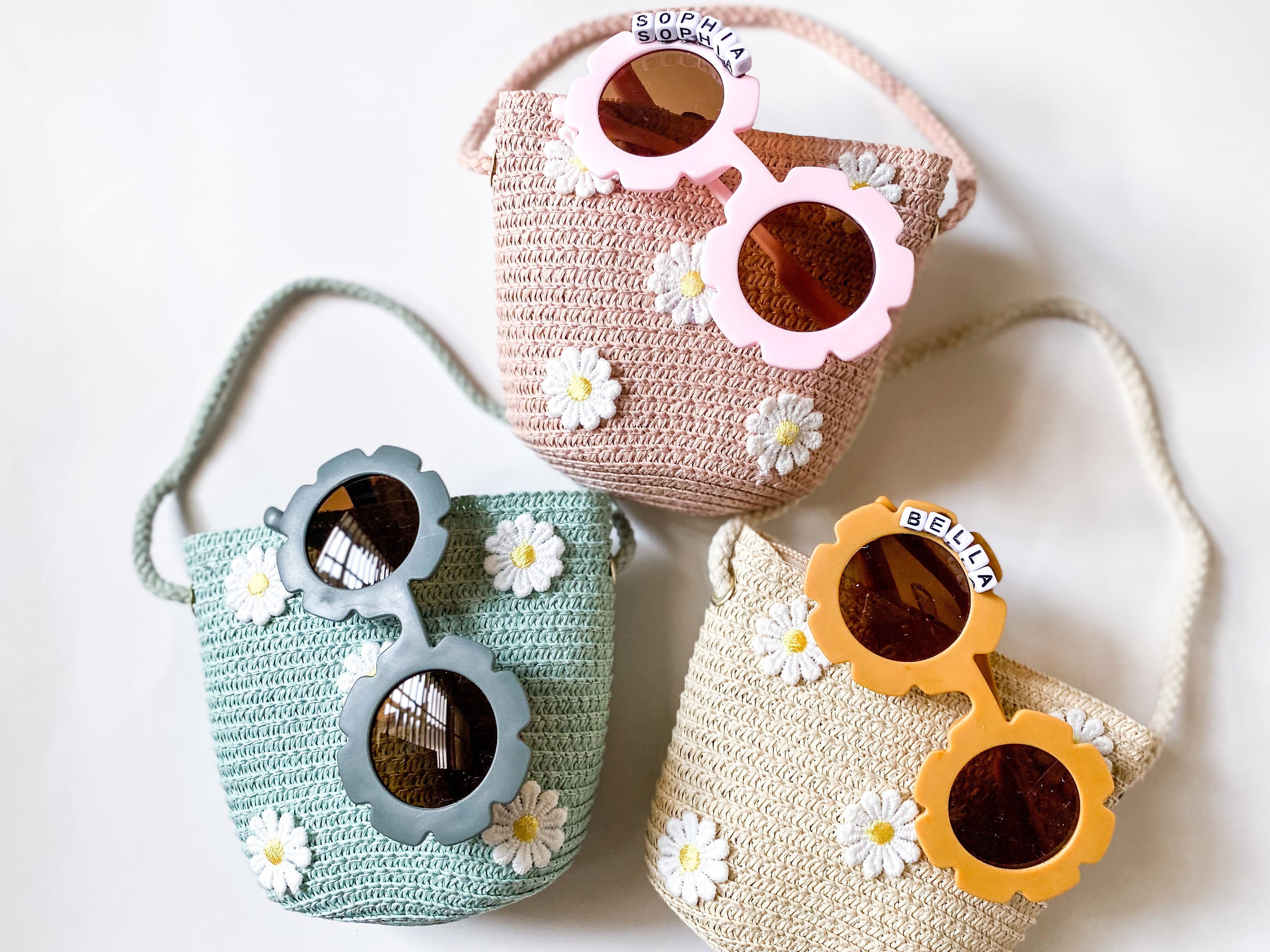3 Pack, Toddler/Kid Purse with Personalized Sunglasses, Toddler Gift, Kid's Party Favors, Gift Set, Flower Theme, Daisy, Retro