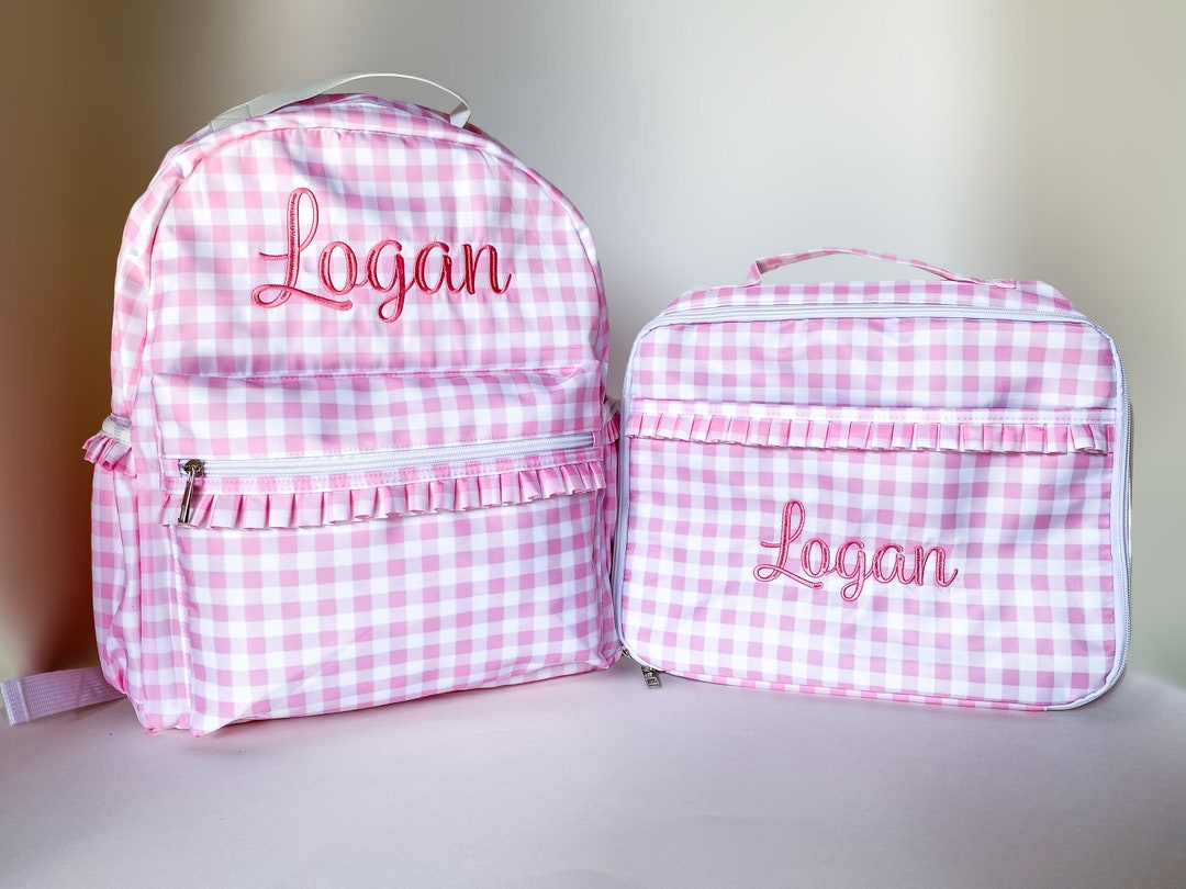 Girl's Monogrammed Gingham Backpack With Matching Lunch Box