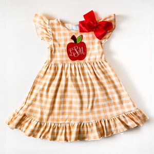Girl&#39;s Monogrammed Back to School Dress and Matching Bow, Embroidered, First Day of School, School Outfit Short Flutter Sleeve