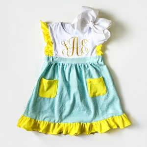 Girl&#39;s Name Dress with bow , Embroidered, Multi Color, Special Occassion, Classic Monogram, Gift, Picture Day, Easter Outfit, Spring, Summer