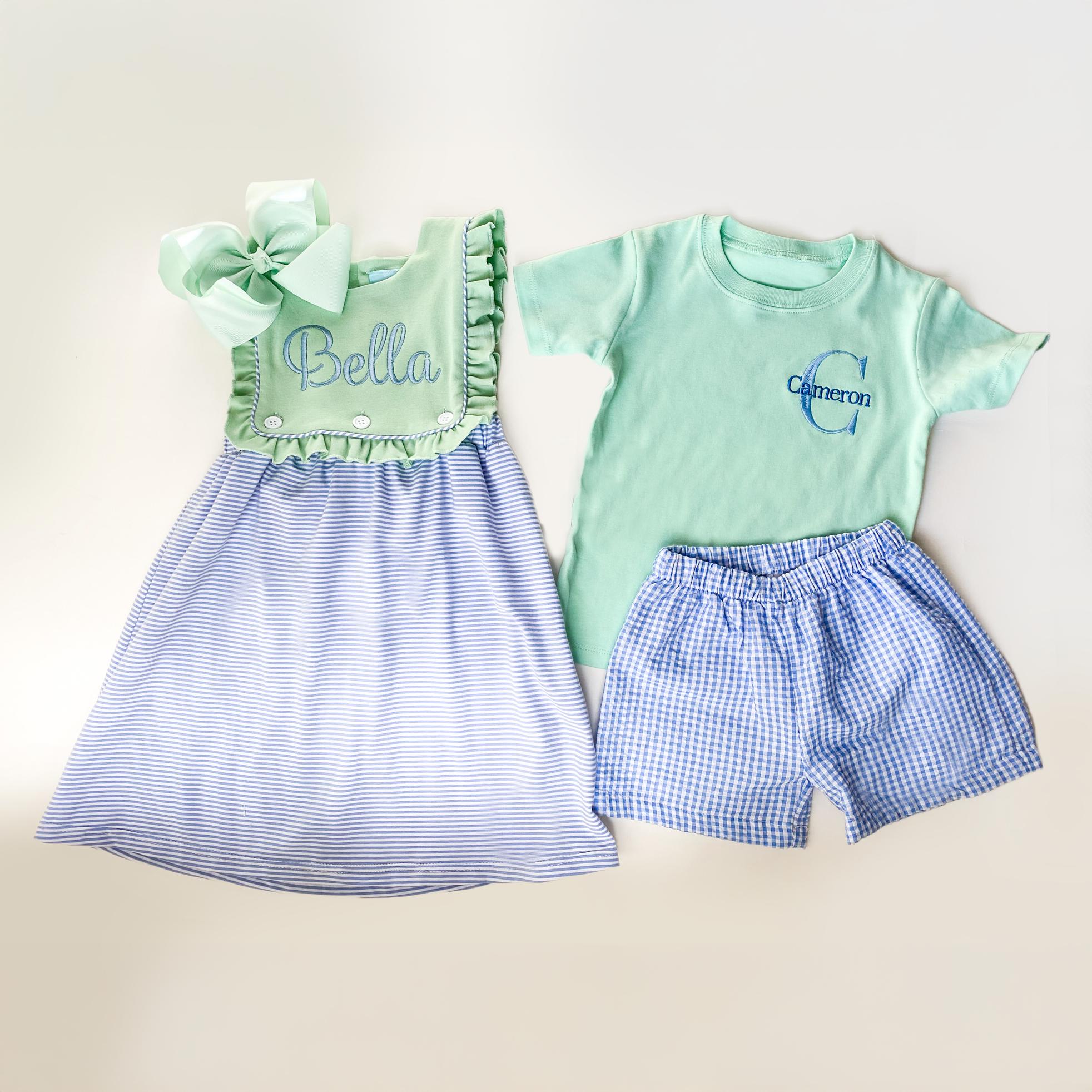 Girl's and Boy's Matching Monogrammed Outfits, Girl's Customized Dress, Boys 2 piece outfit with Shorts, Sibling Set, Family Photos, Gift
