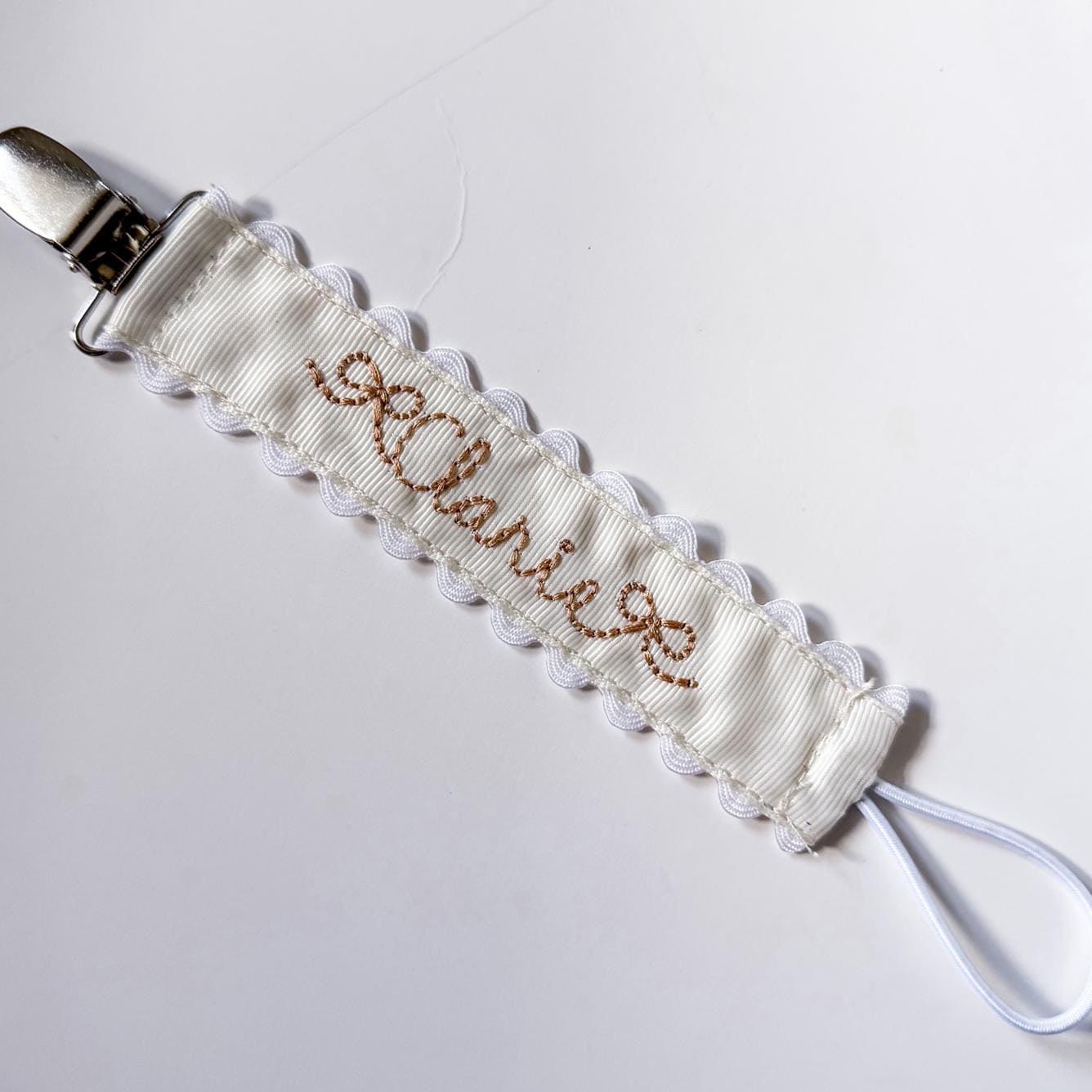 Embroidered Name Pacifier Clip | Ric Rac Edge Ribbon, Handmade Baby ...