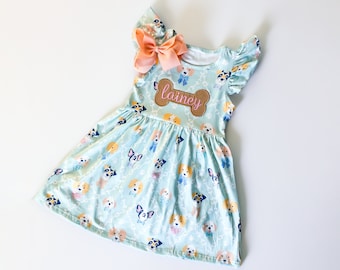 Girl's Monogrammed Puppy, Dog Dress, Toddler, Dog Lover Dress, Party/Birthday With Matching Bow