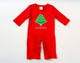 Toddler Baby Boy Monogrammed Christmas Bodysuit, Classic Christmas Tree Design, Customized Outfit