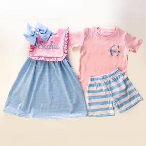 Girl&#39;s and Boy&#39;s Matching Monogrammed Outfits, Girl&#39;s Customized Dress, Boys 2 piece outfit with Shorts, Sibling Set, Family Photos, Gift