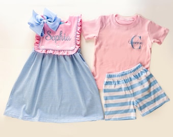 Monogrammed Sibling Outfit: Embroidered Dress & Shorts Set