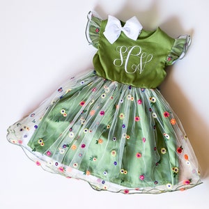 Girl&#39;s Monogrammed Spring Dress, Easter Dress, Embroidered Detailed Flowers, Wedding, Party