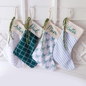 Monogrammed Christmas Stocking, Green Plaid, Velvet Ribbon, Holiday Decor