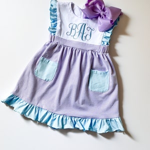 Girl's Name Dress with bow , Embroidered, Multi Color, Special Occassion, Classic Monogram, Gift, Picture Day Easter Outfit, Spring, Summer Lavender