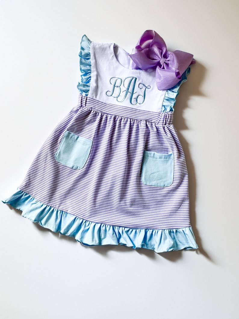 Girl's Name Dress with bow , Embroidered, Multi Color, Special Occassion, Classic Monogram, Gift, Picture Day Easter Outfit, Spring, Summer Lavender