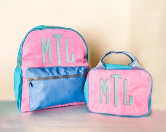 Monogrammed Color Patch Backpack with Lunch Box: Embroidered Nylon Set