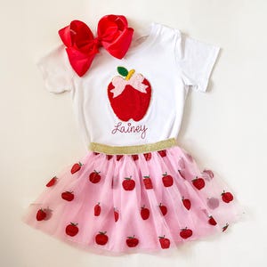 Girl&#39;s Monogrammed Back to School Apple Outfit, Embroidered Apple Top with Name and Matching Tutu Skirt, First Day of School Photos outfit