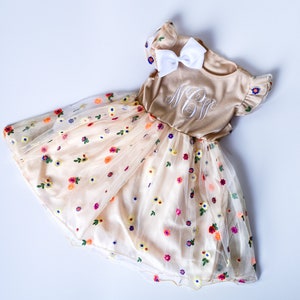 Girl&#39;s Monogrammed Spring Dress, Easter Dress, Embroidered Detailed Flowers, Wedding, Party