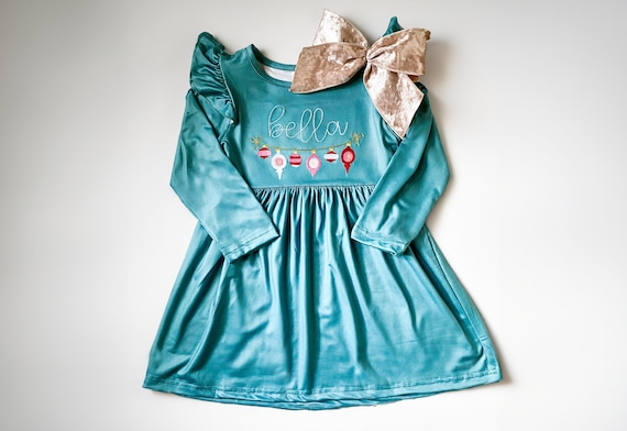 Girls' Christmas Dress: Embroidered Ornament, Personalized Name