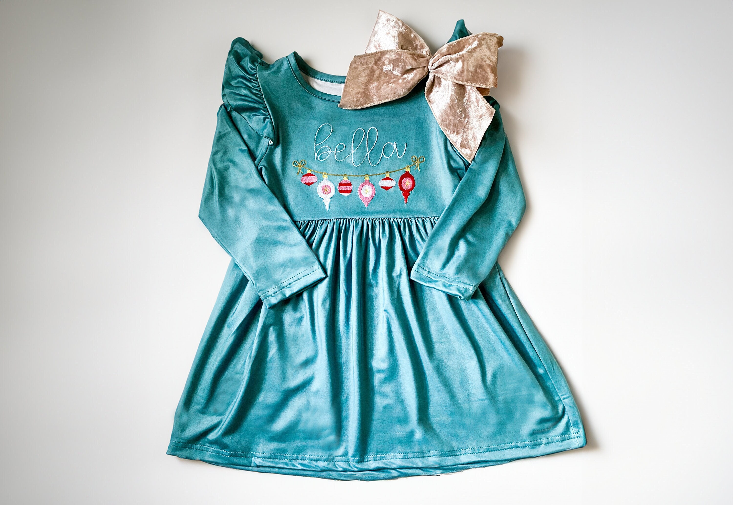 Girls' Christmas Dress: Embroidered Ornament, Personalized Name Girls' Christmas Dress: Embroidered Ornament, Personalized Name