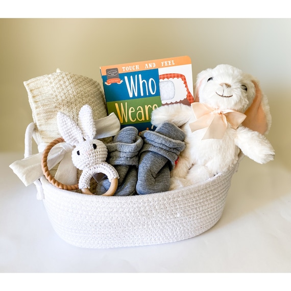 New Baby Gift Basket, Blanket, Lovey, Booties, Book, and Tethers