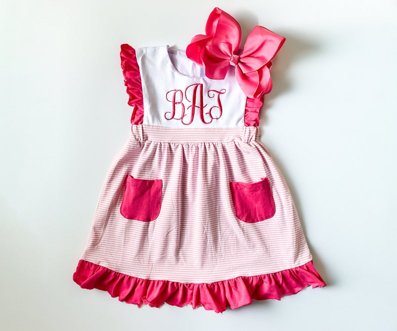 Girl's Name Dress with bow , Embroidered, Multi Color, Special Occassion, Classic Monogram, Gift, Picture Day Easter Outfit, Spring, Summer Hot Pink