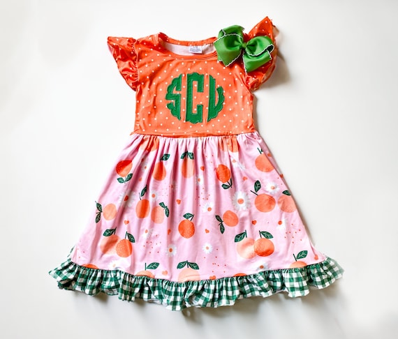 Girls Monogrammed Orange Fruit Dress: Embroidered Summer Party Outfit Girls Monogrammed Orange Fruit Dress: Embroidered Summer Party Outfit