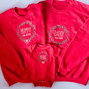 Custom Family Matching Embroidered Christmas Outfits, Sweatshirts, Monogrammed, Mom est. 2023, Dad Est., Baby Est. 2023, Christmas Card