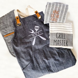 Father&#39;s Day Custom Monogrammed BBQ Grilling Apron Gift Set, Matching Towels, Oven Mitt