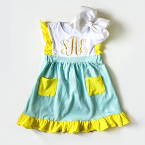 Girl's Name Dress with bow , Embroidered, Multi Color, Special Occassion, Classic Monogram, Gift, Picture Day Easter Outfit, Spring, Summer Yellow