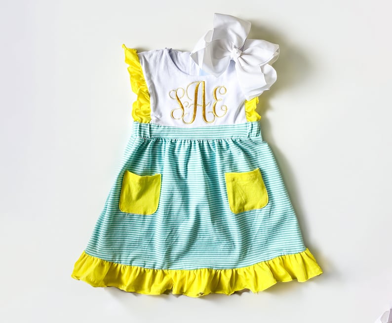 Girl's Name Dress with bow , Embroidered, Multi Color, Special Occassion, Classic Monogram, Gift, Picture Day Easter Outfit, Spring, Summer Yellow