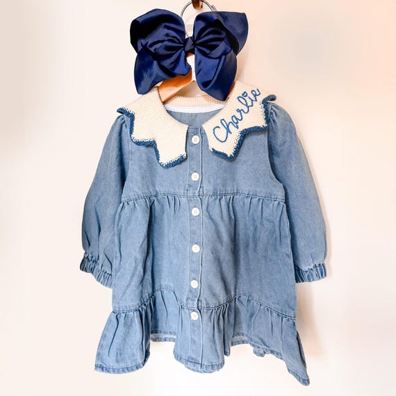blue fifties style dress Blue Denim Shirt with Collar, Red Logo Button Tab & Long Sleeves  Oliver Shirt by EASY CLOTHES  Size M-L