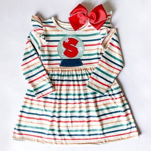 Girls' Christmas Dress: Embroidered Snow Globe, Personalized Monogram & Hair Bow