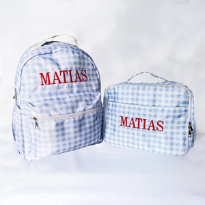 Sac à dos garçon à monogramme vichy avec boîte à lunch assortie, brodé, personnalisé, rentrée des classes, mode, enfants