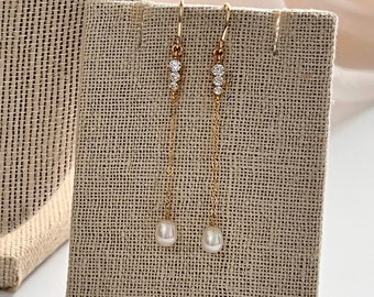 Cubic and Pearl Earrings, Dainty Freshwater Pearl Drop Earrings, Tiny Pearl Dangle Earrings, Diamond Pearl Earrings, Bridesmaid Earrings