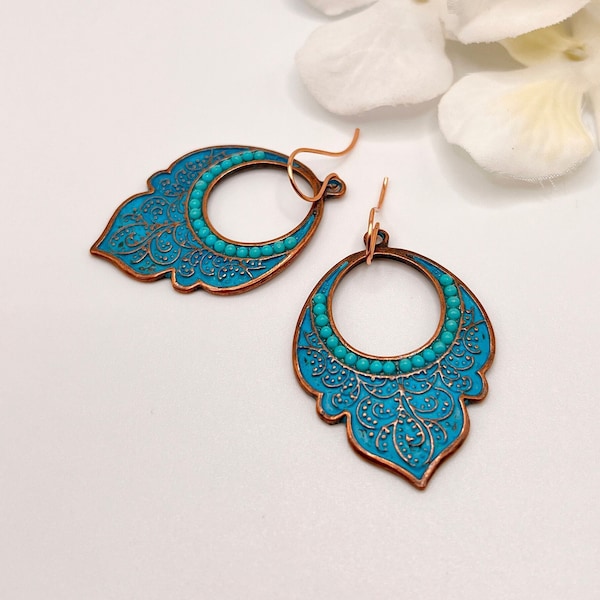 Turquoise Chandelier Earrings, Boho Earrings, Gypsy Dangle Earrings, Copper Patina Bohemian Earrings, Unique Statement Earrings, Gift